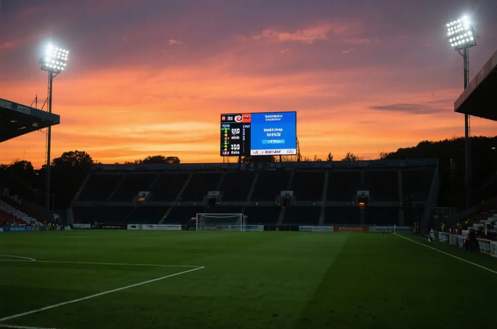 A professional soccer stadium with dramatic floodlights and a massive digital scoreboard under the sunset