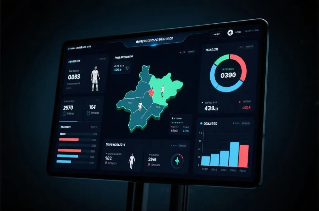 A high-tech soccer analytics screen displaying statistics, player heatmaps, and odds graphs, clean modern interface, dark background
